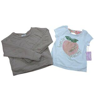 Girls 2PC Beige Quilted Sweatshirt & Glitter Peach Graphic Tee Set Size 5/6